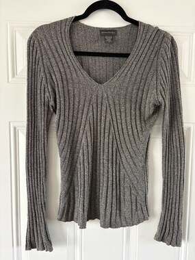 Banana Republic Vintage Made in USA Grey Ribbed V-Neck Long Sleeve Top Size M